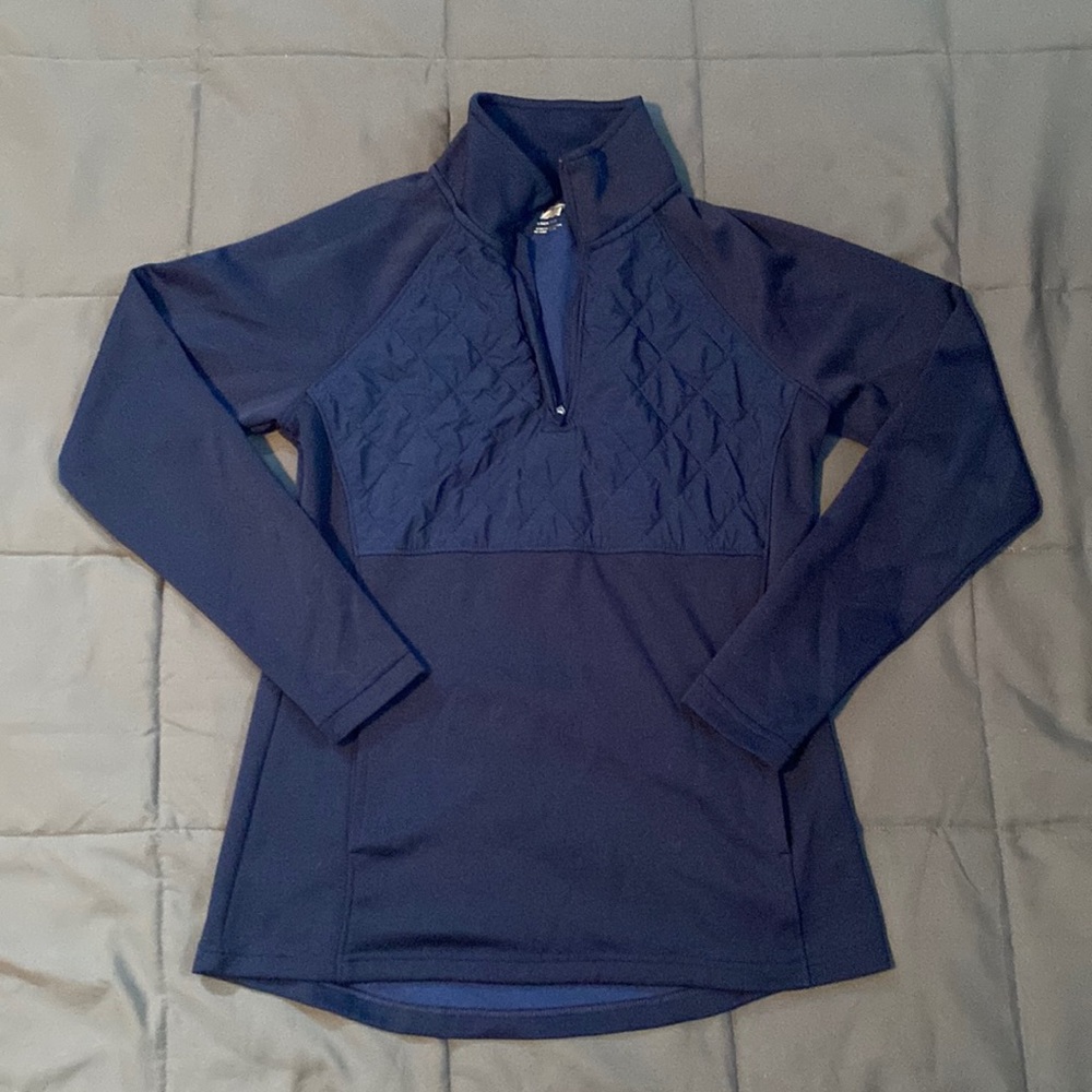 slim fitting athletic jacket, navy blue, pocket, half zipper